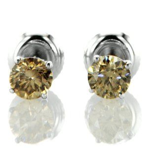 Diamond Solitaire Stud Earring Round Fancy Brown 14k White Gold 0.90 TCW SI1